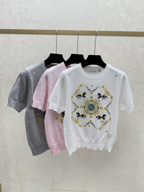 Dior Contrasting Pony Rhinestone Round Collar Short-Sleeve Knit in Pastel Hues