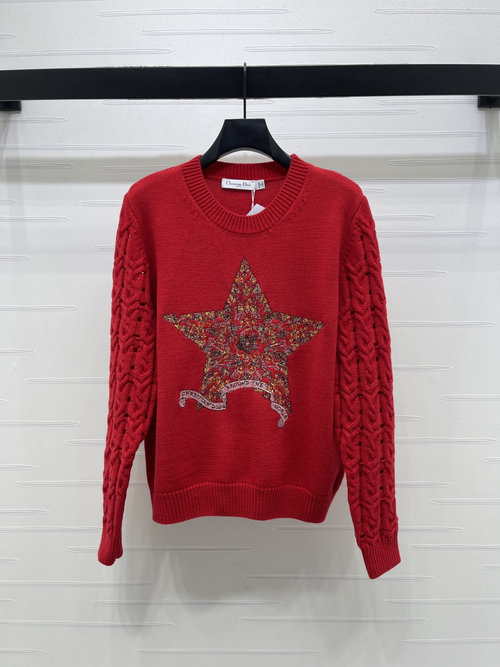 Dior Round Neck Star Embroidered Pullover with Hollowed Sleeves