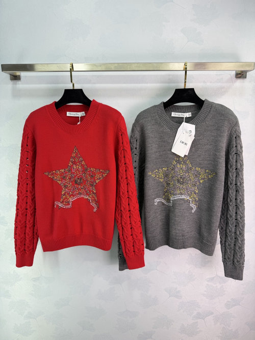 Dior Star Embroidery Sweater with Ribbed Sleeves, Soft and Warm