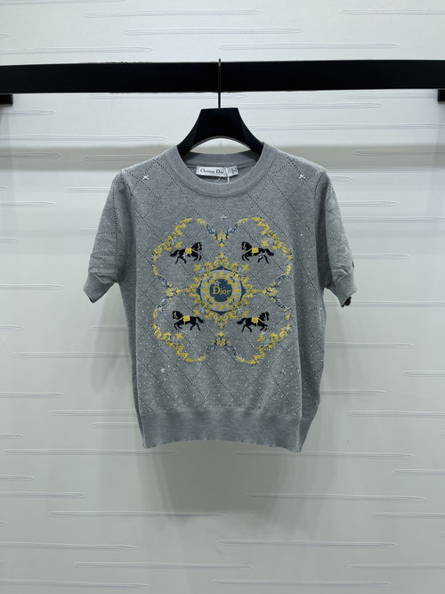 Dior Diamond Knit Short Sleeve Top with Embroidered Logo