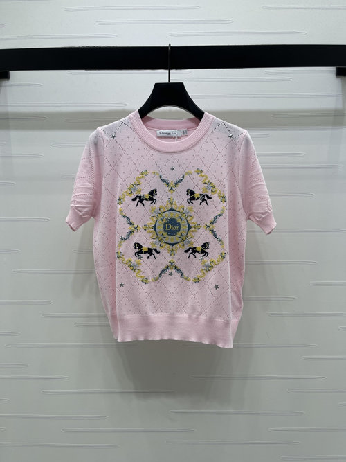 Dior Diamond Knit Short Sleeve Top with Embroidered Logo