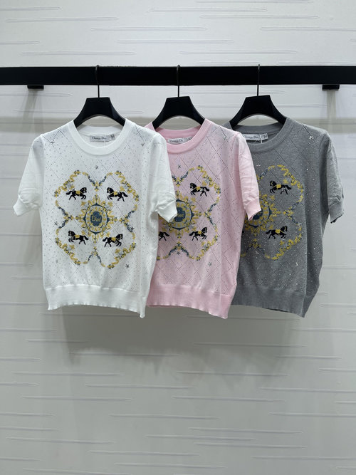 Dior Diamond Knit Short Sleeve Top with Embroidered Logo