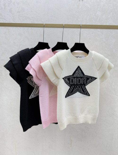 Dior Contrast Color Star Letter Round Neck Knit Short Sleeve in White, Pink & Black