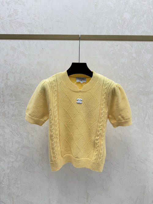 Chanel Solid Checkerboard Round Neck Knit Short Sleeve in Yellow