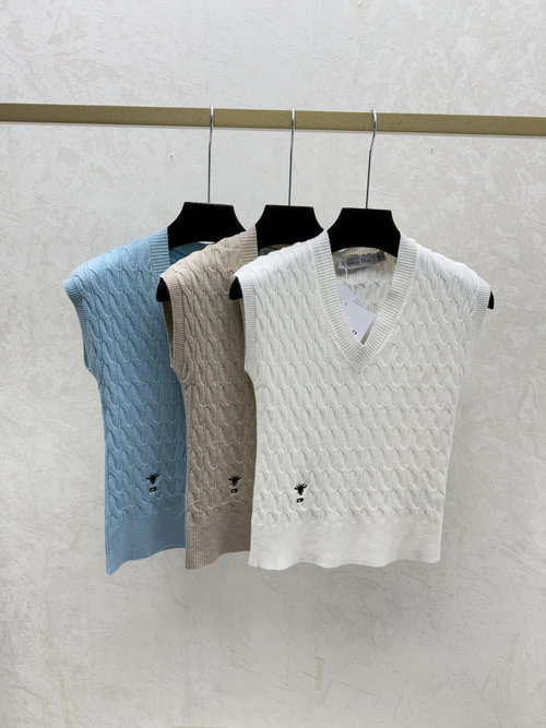 Dior Solid Simple V-Neck Knit Vest, White, Khaki and Blue