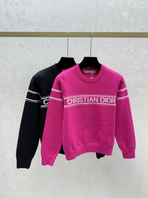 Dior Color-Blocked Letter Striped Round-Neck Long-Sleeve in Pink, Black