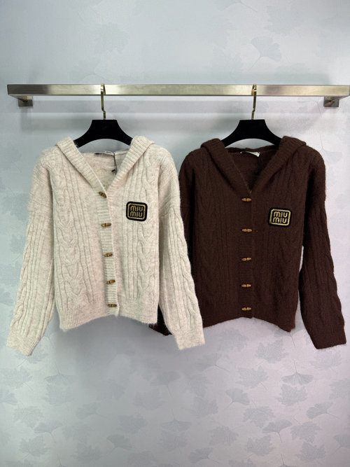 Miu Miu Twist Knit Cardigan with Hood, Vintage College Style