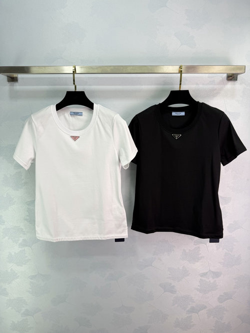 Prada Cotton Short-Sleeved T-Shirt with Triangle Logo