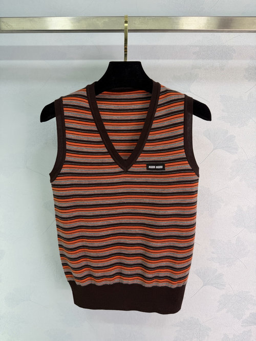 Miu Miu Orange-Brown Stripe V-Neck Knit Vest for Versatile Wear
