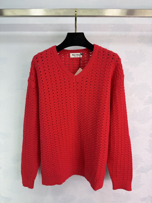 Miu Miu Hollow V-Neck Sophisticated Knit Long-Sleeve Top