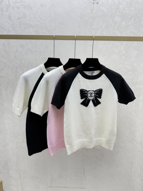 Chanel Color - Blocked Bow Collar Knit Short Sleeve