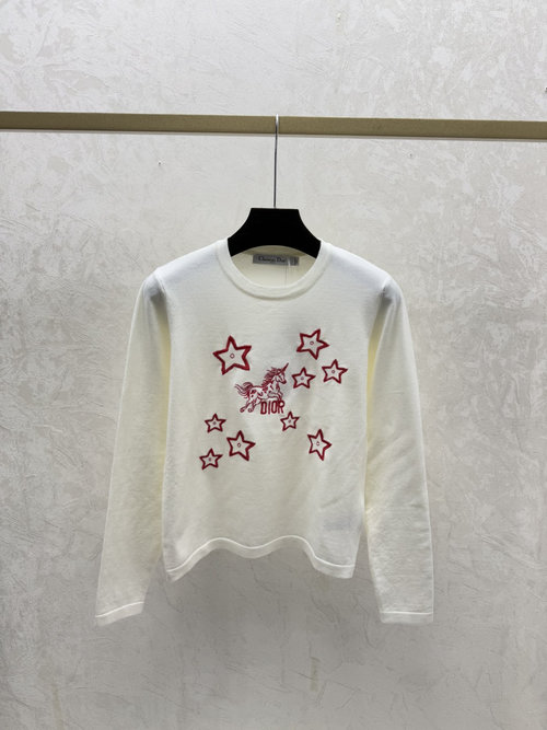 Dior Color-Blocked Star Embroidered Collar White Knit Long Sleeve
