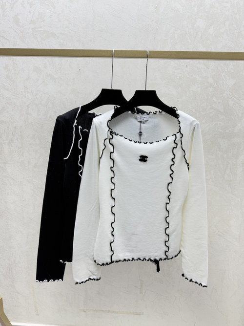 Chanel Solid & Colorful Contrast White & Black Lace Knit Long Sleeve