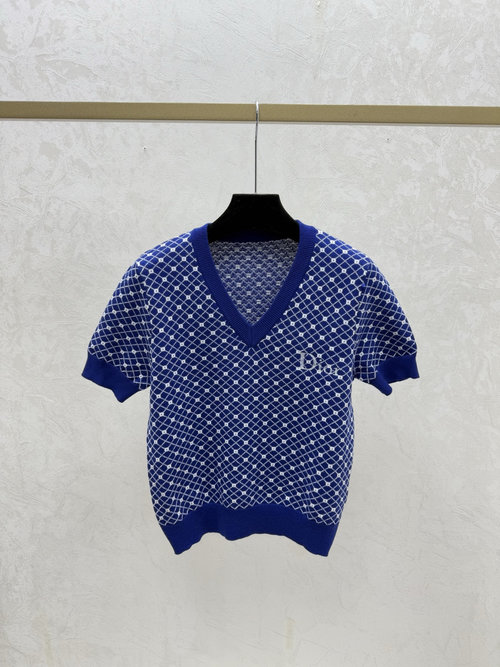 Dior Royal Blue V-Neck Knit Short Sleeve with Colorful Contrast
