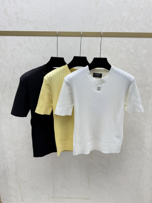 Chanel White, Yellow and Black Solid Color Hollow Round Neck Knit Short Sleeve