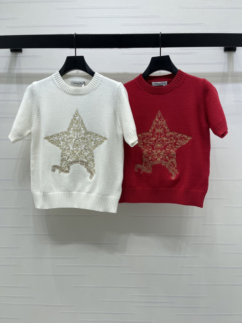 Dior Star Embroidered Knitted Short Sleeve with Ribbed Trim