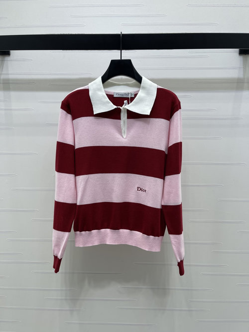 Dior Striped Collared Knit Long Sleeve, Silk-Wool Blend