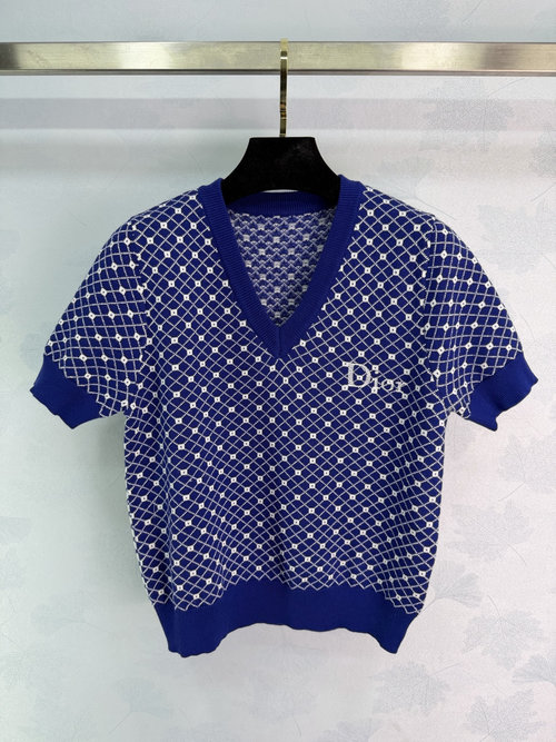 Dior Blue Knitted Short Sleeve with Geometric Design