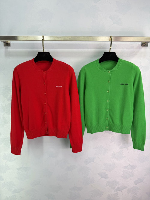 Miu Miu Logo Embellished Round Neck Single - breasted Wool Cardigan