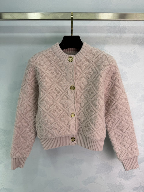 Louis Vuitton Pink Knit Cardigan with Checkerboard and Metal Buttons
