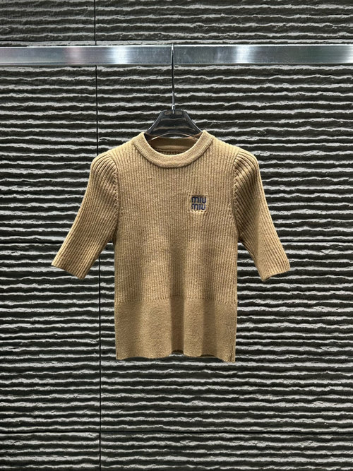 Miu Miu Embroidered Letter Round-Neck Knit Short Sleeve