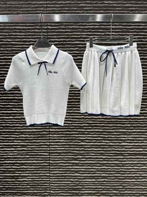 Miu Miu Collared Knit Short Sleeve & Skirt Two-Piece Set