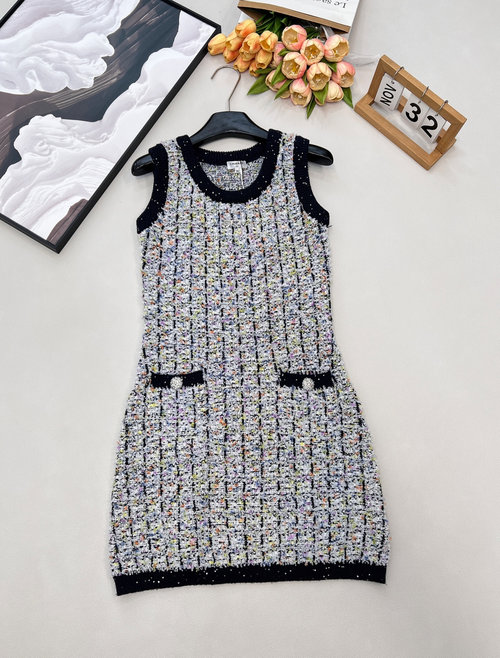 Chanel Colorful Knit Sleeveless Dress with Bow and Pockets