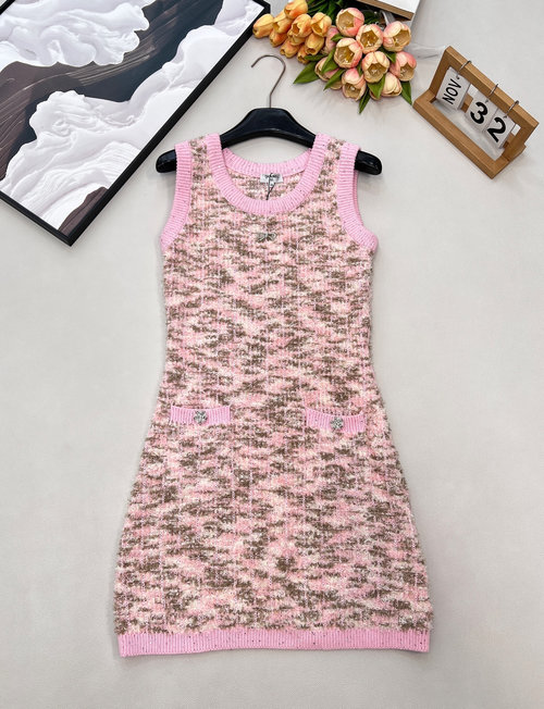 Chanel Colorful Knit Sleeveless Dress with Bow and Pockets