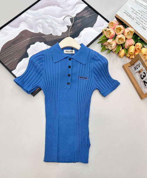 Miu Miu Flip Collar Letter Logo Short-Sleeved Knit Top