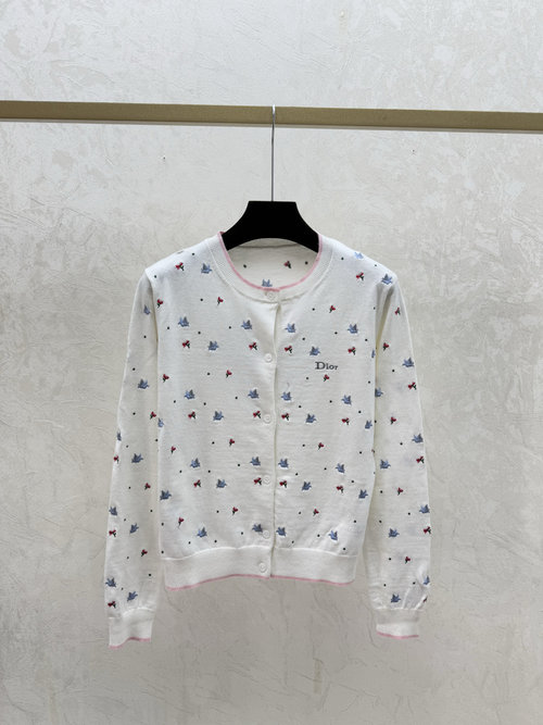 Dior White Contrast Back Heart - Flower Round Neck Knit Long Sleeve Cardigan