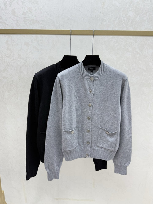 Chanel Grey & Black Simple Round Neck Knit Long Sleeve Cardigan