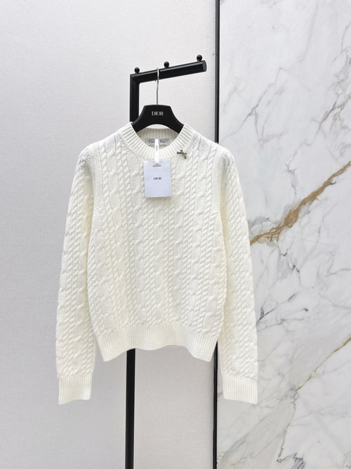 Dior Round-Neck Cable-Knit Cashmere Sweater with Metal Bow