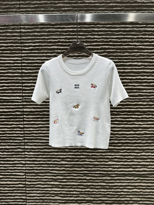 Miu Miu New Embroidered Pony Round Neck Knitted Short Sleeve