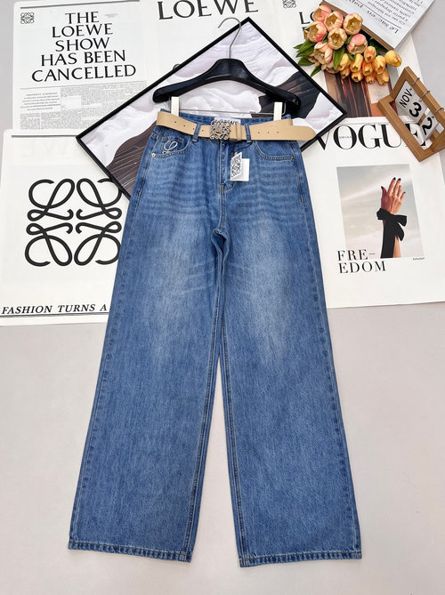 Loewe Embroidered & Rhinestone Logo High-Waist Straight-Leg Jeans