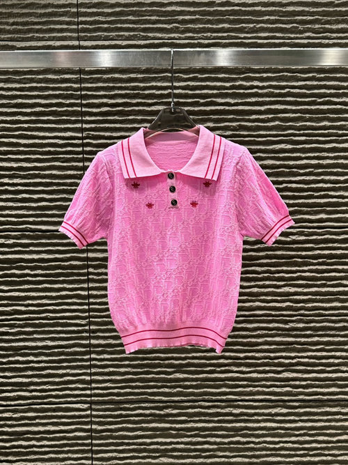 Dior New Jacquard Letter Collar Knitted Short Sleeve Shirt