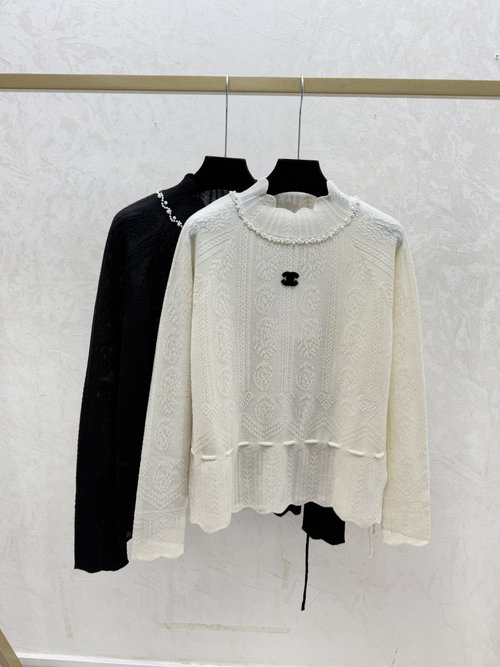 Chanel Autumn Solid Color Beaded High-Neck Knit Long Sleeve