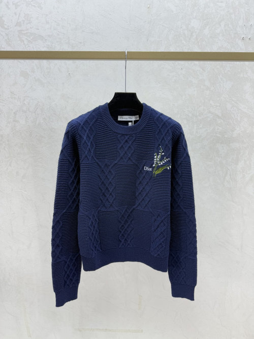 Dior Solid 3D Diamond Round-Neck Knit Long-Sleeve in Sapphire
