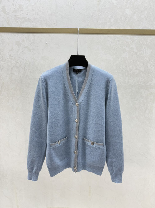 Chanel Contrasting V-Neck Knit Long-Sleeved Cardigan in Blue