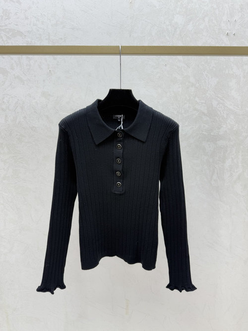 Chanel Solid Turn-Down Collar Knit Long-Sleeve in Black