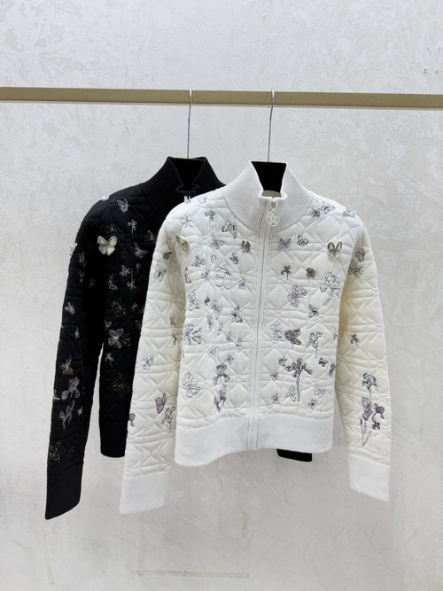 Dior Contrasting 3D Butterfly Embroidery High-Neck Cardigan in Black and White