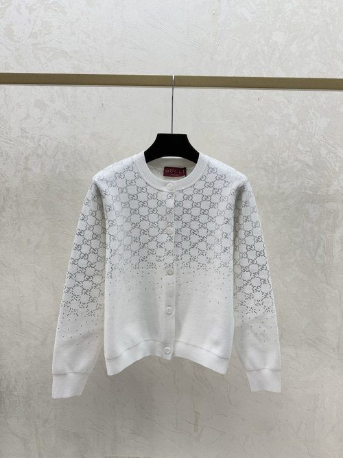 Gucci Vintage Letter Rhinestones Round-Neck Long-Sleeved Cardigan in Black and White
