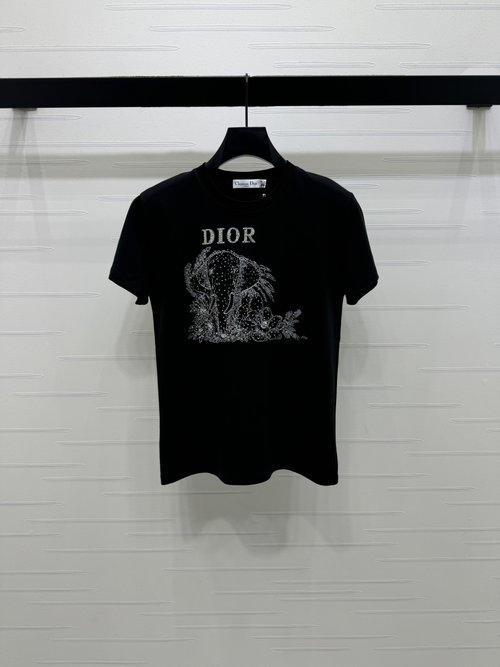 Dior Spring Round Neck Print Beaded Logo Short Sleeve T-Shirt