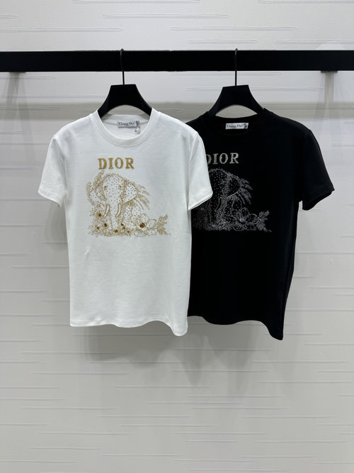 Dior High-end Round-neck Printed T-shirt with Golden Elephant Logo