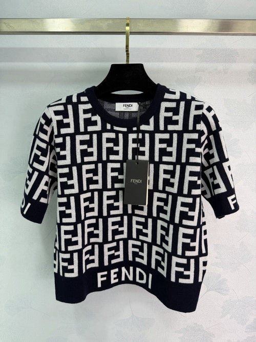 Fendi Jacquard Round Neck Knit Short Sleeve with Double F Logo
