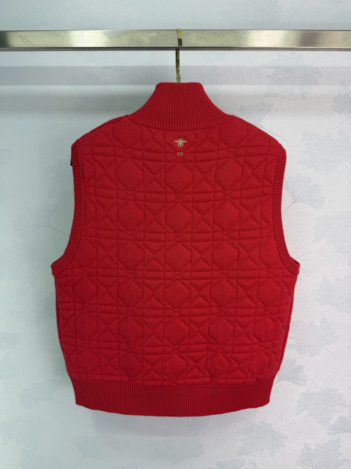Dior Classic Checked Red Knit Vest with Gold Bee Logo