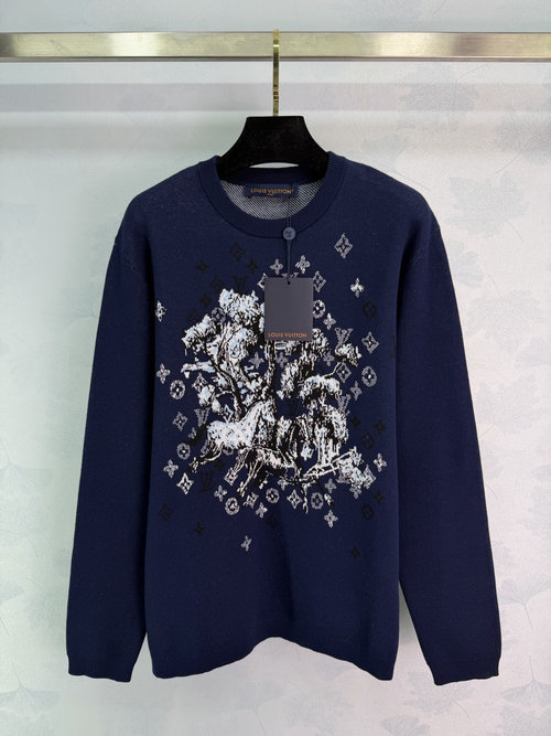 Louis Vuitton Round Neck Jacquard Knit Long Sleeve with Four-Leaf Clover