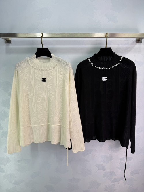 Chanel Ideal Pearl-Trimmed Knitted Sweater with Double C Logo