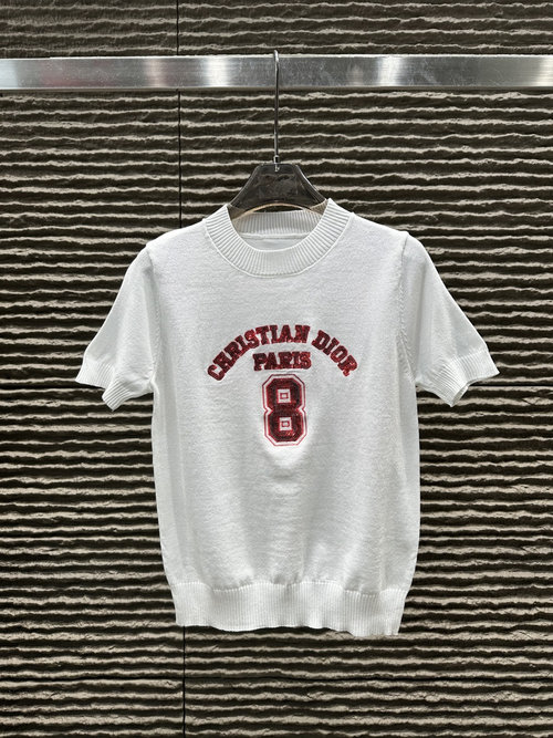 Dior Sequined Embroidered Letter Knitted Short Sleeve
