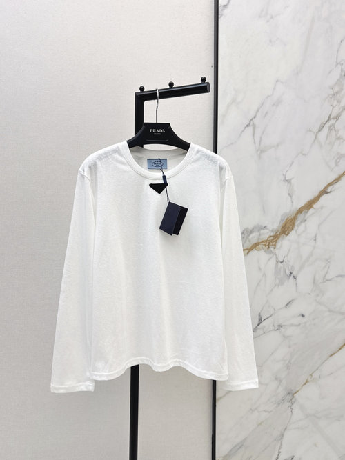 Prada Round Neck Cotton T - shirt with Triangle Logo, Versatile