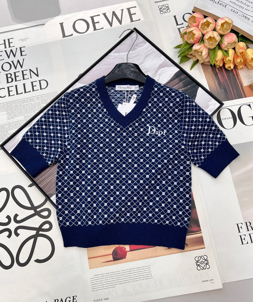 Dior V-Neck Checked Short-Sleeve Knit Top with Logo